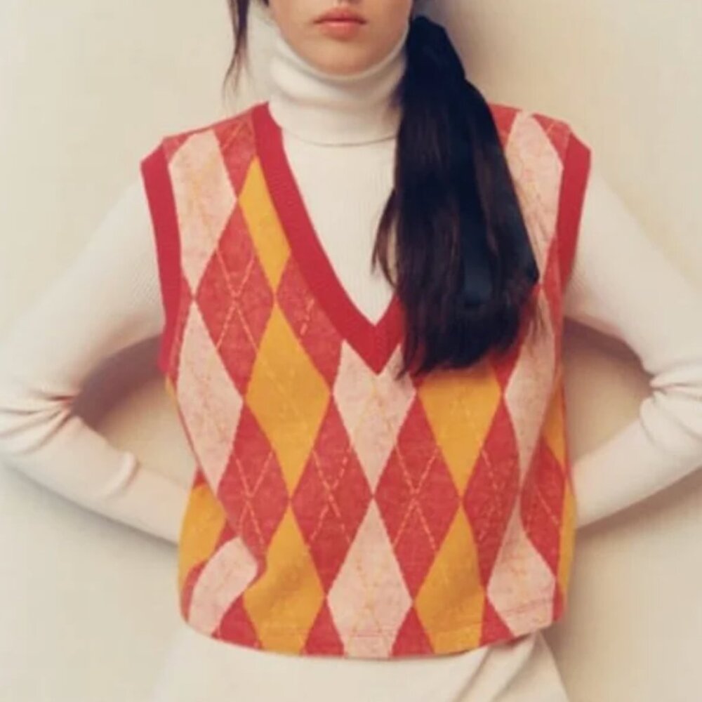 Zara Argyle Printed Knit Vest M - Picture 3 of 6